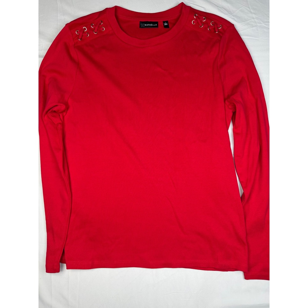 Rafaella Womens Red Ribbed Long Sleeve Top Lace Up Shoulder Grommet Size L